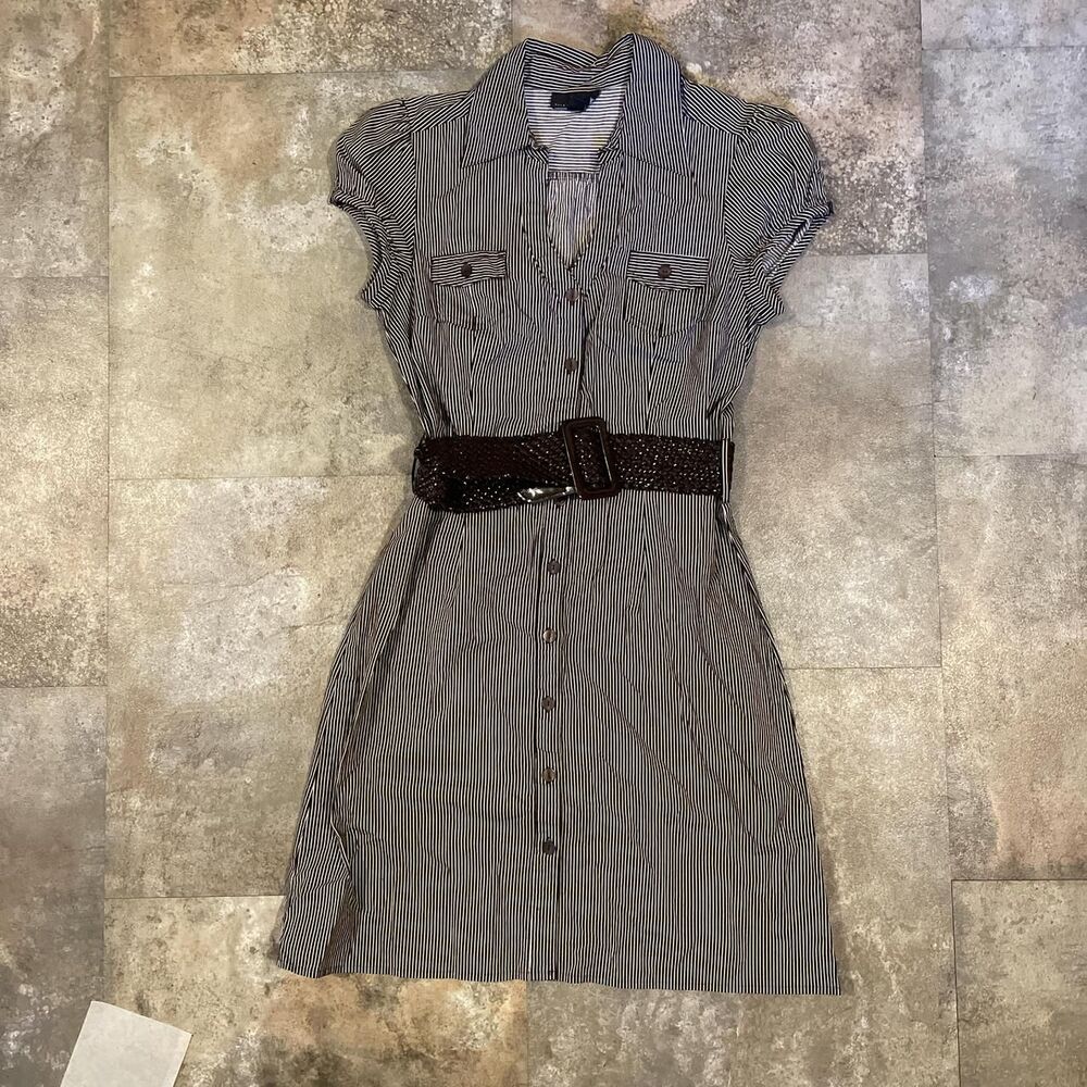 iz byer vintage y2k brown white pinstripe dress chunky braided belt size medium